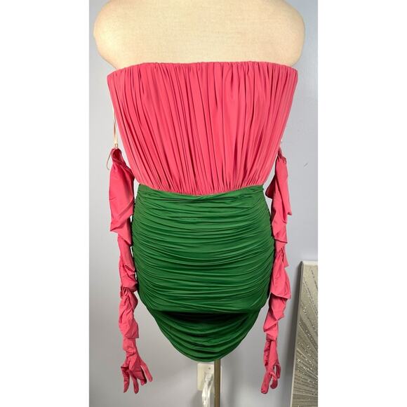 Alex Perry Ruched Strapless Jersey Pink and Green Mini Dress with Gloves Size 6 - Picture 7 of 13